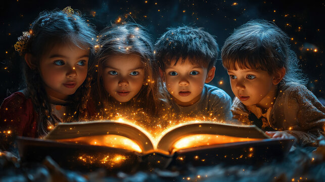 little children in halloween costumes looking with surprise and delight at an open glowing book with fairy tales, reading, child reads books, magic, holiday, night, stories, knowledge, kids, portrait