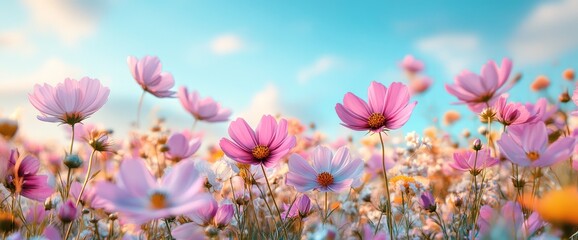 Colorful cosmos flowers in a meadow with summer nature banner template