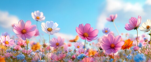 Colorful cosmos flowers in a meadow, wide-angle shot, with a blue sky background