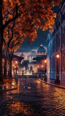 Obraz premium A night scene of Rome, the trees lining cobblestone alleyways have turned into a rich tapestry of vibrant autumn colors.jpeg