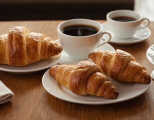 Coffee and croissants on white plate, morning coffee concept