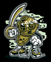 Funny Undersea Pirate with sword, vector art character graphic drawing illustration for stickers, streetwear, t-shirts, logos, print-on-demand, print, or branding