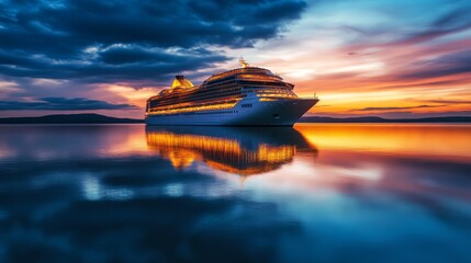 Naklejka premium A cruise ship glides across twilight waters, reflecting sunset colors that symbolize luxury and adventure, inspiring awe and a sense of exploration in those who witness its beauty