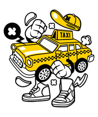 Funny Yellow Cab Taxi, vector art character graphic drawing illustration for stickers, streetwear, t-shirts, logos, print-on-demand, print, or branding