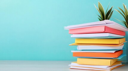 A stack of colorful documents on a desk, file management, organized workspace