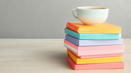 A stack of colorful notebooks and a cup of tea on a wooden table, creative writing, cozy productivity