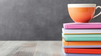 A stack of colorful notebooks and a cup of tea on a wooden table, creative writing, cozy productivity