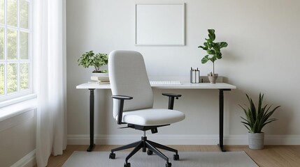 A stylish office chair and desk with natural light, modern productivity corner, airy workspace