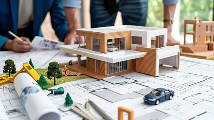 Architects Reviewing House Model and Blueprints
