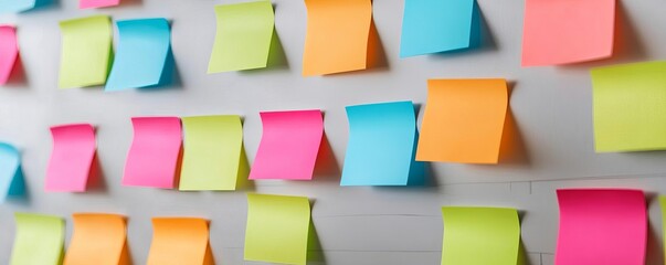 Assorted sticky notes in various colors on a whiteboard, idea management, collaborative work setting
