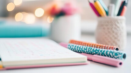 Close-up of a bullet journal with colorful doodles, creative planning, personal organization