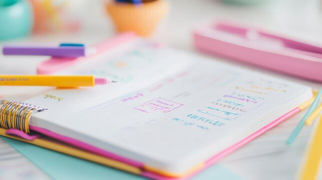 Close-up of a bullet journal with colorful doodles, creative planning, personal organization