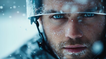 Close-up of a focused ice hockey player in full gear, with ice particles flying as he prepares to take a shot on the rink