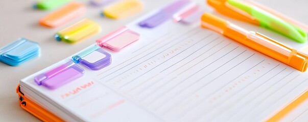 Close-up of a planner with highlighters and stickers, personal organization, creative productivity