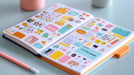 Close-up of a planner with stickers and doodles, personalized organization, creative productivity