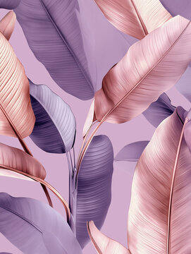 Seamless pattern, rose gold banana leaves on muted lavender background, tropical exotic leaves for wallpaper