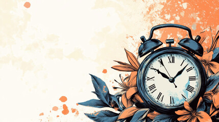 Vintage postcard. Daylight saving time. Alarm clock surrounded by leaves and flowers on a beige background. Copy space. Watercolor illustration with retro clock and plants. Winter time changeover