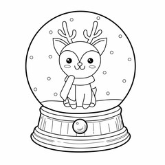 Coloring page Christmas Snow globe with cute deer happy in snow rain. Coloring book Christmas. Coloring page vector Christmas. 