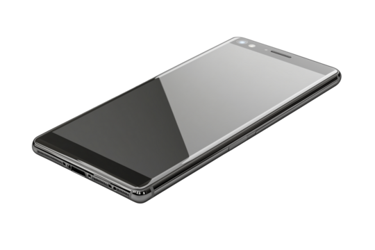 A sleek black smartphone lying flat on a white surface, showcasing its minimalist design.

