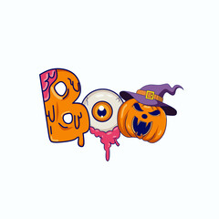 Lettering Boo Halloween. Boo with eyes and pumpkin Halloween. Boo Halloween for stickers, apparel, card, ETC. Element letter Boo.