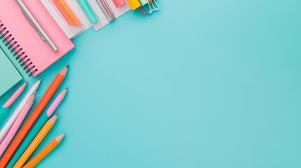 Fototapeta premium Desk with a neat arrangement of colorful stationery, organized work tools, efficient setup