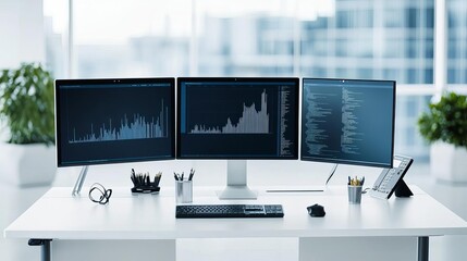 Fototapeta premium Desk with dual monitors and ergonomic accessories, high-tech office setup, productivity boost