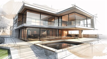 Fototapeta premium Modern House Design Sketch with Pool