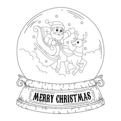 Coloring page Christmas Snow globe with santa and deer in the sky. Coloring book Christmas. Coloring page vector Christmas. 