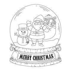 Coloring page Christmas Snow globe with santa and snowman and gift. Coloring book Christmas. Coloring page vector Christmas