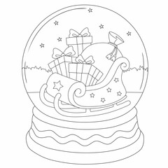 Coloring page Christmas Snow globe with gift in the santa train. Coloring book Christmas. Coloring page vector Christmas