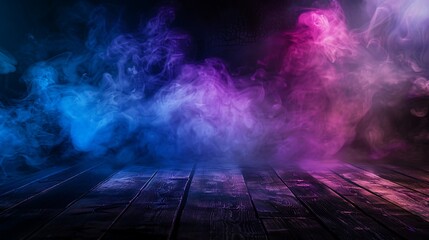 Empty dark scene background featuring an old wooden floor, neon light smoke, and a night abstract atmosphere with a wooden table.