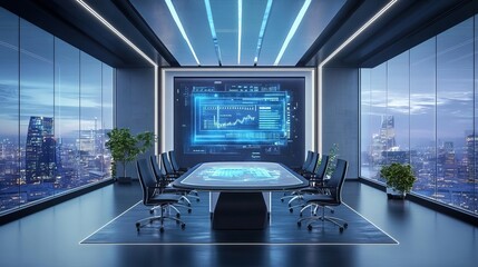 Fototapeta premium High-tech corporate office with holographic displays and streamlined furniture, capturing the essence of future business environments, business futurism