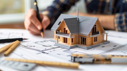 Architect Designing a House Plan with a Model Home