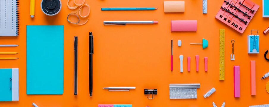 Flat lay of office supplies with motivational quotes, inspirational workspace, dynamic design