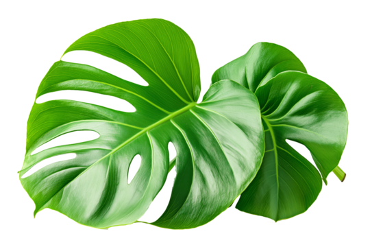 A detailed illustration of a vibrant green Monstera leaf, showcasing its characteristic split and fenestrated shape. The tropical leaf is isolated on a white background.