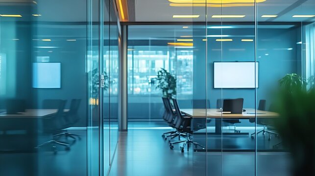 Sleek corporate office with a glass conference room and digital whiteboards, focusing on modern business collaboration, business efficiency - Powered by Adobe