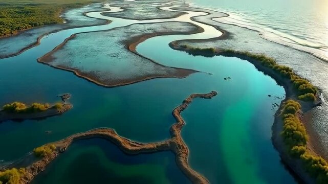 aerial view over intricate river delta patterns at sunset as it gracefully meets ocean