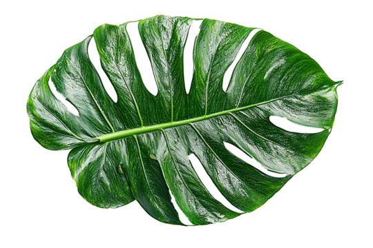 A detailed illustration of a vibrant green Monstera leaf, showcasing its characteristic split and fenestrated shape. The tropical leaf is isolated on a white background.