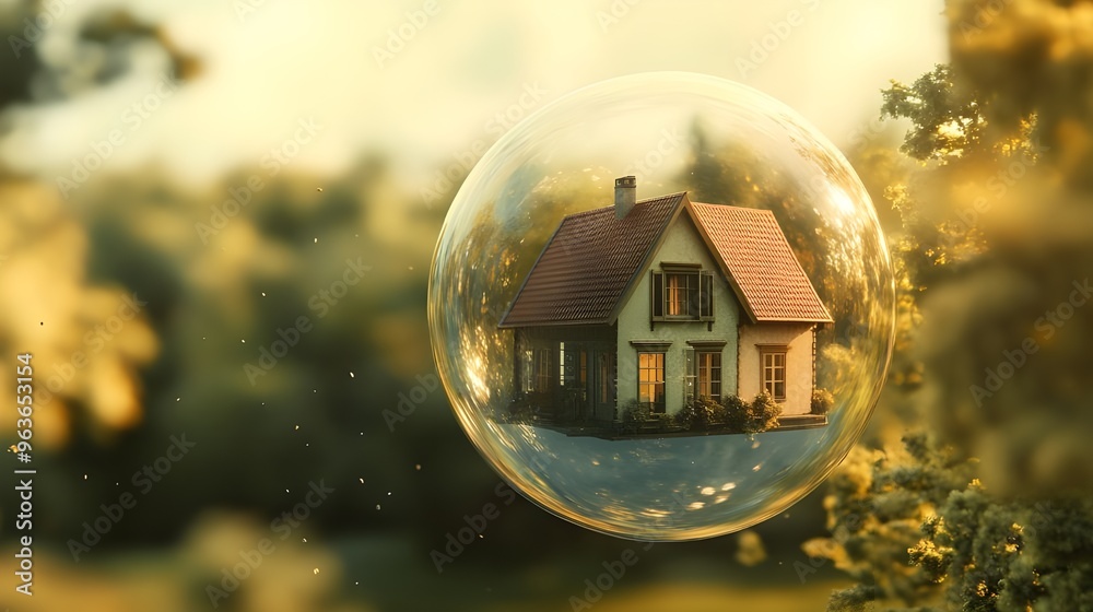 Wall mural Artistic 3D model of a house flying inside a glass ball image