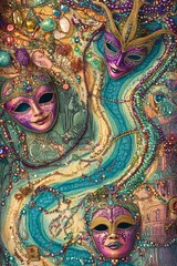 Fototapeta premium Joyful Celebration: A Colorful Whimsical Map of LouisianaMardi Gras Flair