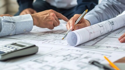 Architects reviewing blueprints for a new construction project - Powered by Adobe