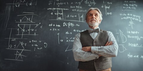 An elderly man with a scholarly look, wearing a bow tie and standing confidently in front of a blackboard filled with mathematical equations, holding chalk
