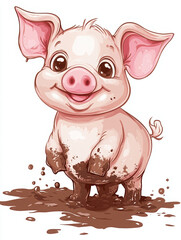 Fototapeta premium pig animal cute cartoon farm mud happy playful baby pig character smile illustration domestic animal young piglet adorable muddy farm life nature wildlife 