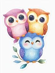 Fototapeta premium cute owls colorful cartoon animals illustration birds happy nature art whimsical character playful design bright children three owls pastel colors animal art 