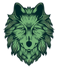 Coll green Mascot Wolf Head, urban vector art character graphic drawing for stickers, streetwear,  t-shirts, logos, print-on-demand, print, or branding
