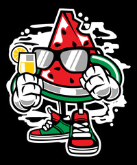 Funny Christmas in July, Summer Watermelon character drinking lemon juice, vector art graphic drawing for stickers, streetwear,  t-shirts, logos, print-on-demand, print, or branding