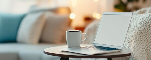 Laptop and coffee cup on a stylish table, remote work setup, cozy productivity environment