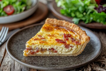 A slice of quiche Lorraine with crispy crust, bacon, cheese, and caramelized onions
