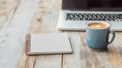 Laptop, coffee cup, and notebook on a rustic table, remote work setup, cozy productivity environment