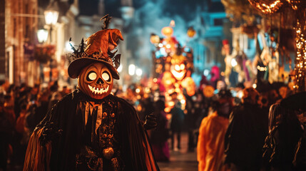 Obraz premium A Halloween parade featuring floats, people in elaborate costumes, and festive decorations. Excited crowds line the streets, creating a lively and festive atmosphere.